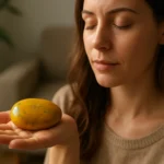 Žena drží žltý jaspis na dlani, zatvorenými očami zažíva harmóniu a pokoj.