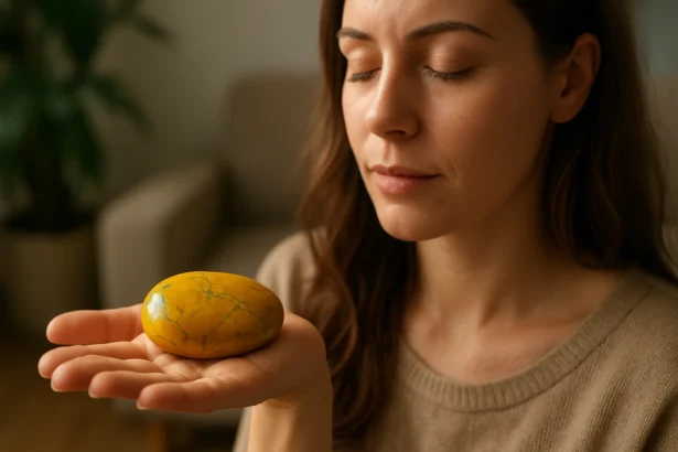 Žena drží žltý jaspis na dlani, zatvorenými očami zažíva harmóniu a pokoj.