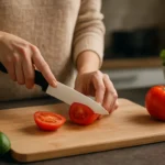 Žena krája paradajky keramickým nožom na drevenej doske