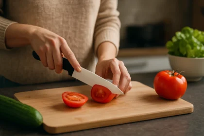 Žena krája paradajky keramickým nožom na drevenej doske