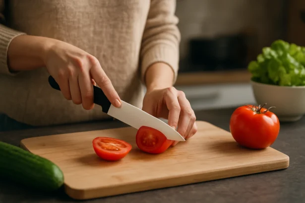 Žena krája paradajky keramickým nožom na drevenej doske