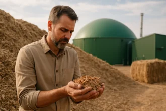 Muž drží biomasa na pozadí bioenergetického zariadenia