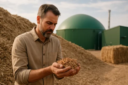 Muž drží biomasa na pozadí bioenergetického zariadenia