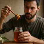 Muž s agátovým medom a drevenou lyžičkou.