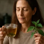 Žena drží hrnček čaju z pŕhlivého srdečníka a čerstvé bylinky