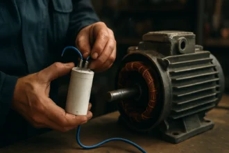 Ruka inštalujúca kondenzátor do elektromotora.