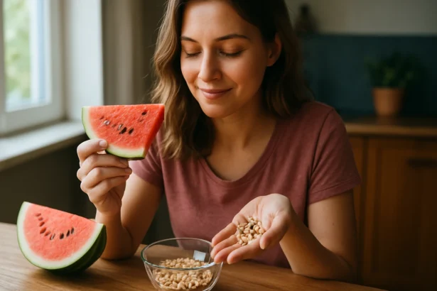 Žena drží kúsok melóna a semienka na stole.