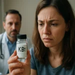 Žena sa znepokojene díva na fľašu bromidu draselného počas lekárskej konzultácie.