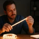 Muž skúma LED pásik na osvetlenie vo svojej domácnosti.