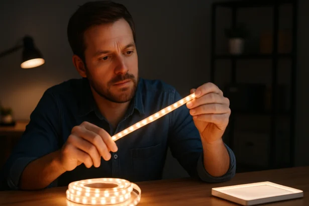 Muž skúma LED pásik na osvetlenie vo svojej domácnosti.