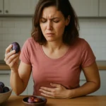 Žena s nadúvaním drží slivku v ruke