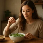 Žena pridáva konopné semienka do misy so zeleným šalátom.