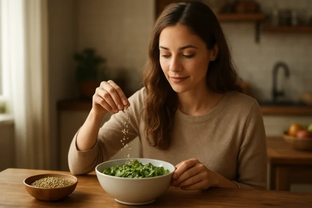 Žena pridáva konopné semienka do misy so zeleným šalátom.