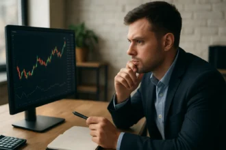 Muž analyzuje finančné grafy na počítači v kancelárii.