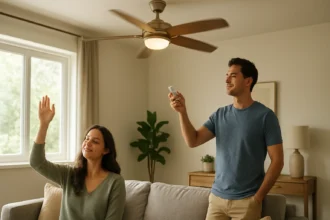 Pár užíva komfort stropného ventilátora v modernej obývačke.