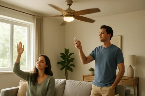 Pár užíva komfort stropného ventilátora v modernej obývačke.