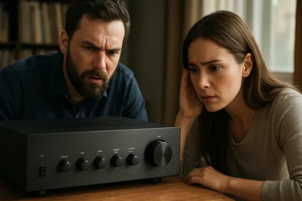 Pár sledujúci predzosilňovač a hodnotiaci kvalitu zvuku