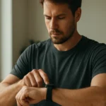 Muž kontroluje smart hodinky so zameraním na displej.