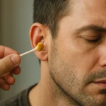 Muž čistí ucho pomocou vatovej tyčinky