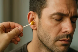 Muž čistí ucho pomocou vatovej tyčinky