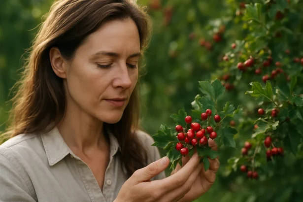 Žena skúma hloh s červenými plodmi v prírode, symbol zdravia.