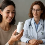 Žena sa usmieva, drží fľašu Gynatrenu pri pohovore s lekárom.