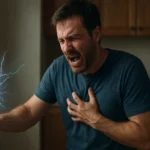 Muž zažíva elektrický šok z elektrickej zásuvky.