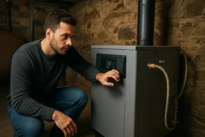 Muž kontroluje funkciu olejovej pece v interiéri