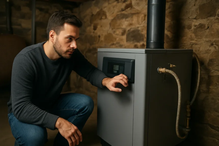 Muž kontroluje funkciu olejovej pece v interiéri