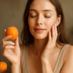 Žena s marhuľou, šťastná a s pokožkou vyživenou vitamínmi.