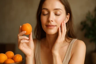 Žena s marhuľou, šťastná a s pokožkou vyživenou vitamínmi.