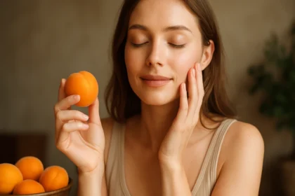 Žena s marhuľou, šťastná a s pokožkou vyživenou vitamínmi.