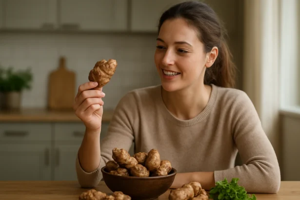 Žena sa usmievá a drží topinambur v ruke, obklopená zdravými potravinami.