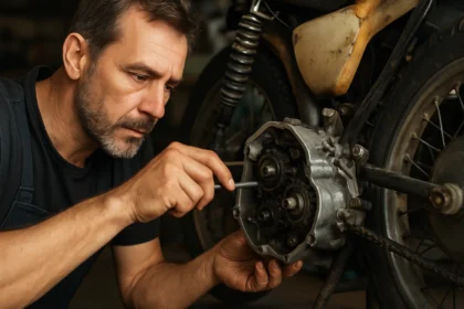 Mechanik pri údržbe prevodovky Simson na motocykli.