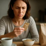 Žena sa zamyslene pozerá na obal sladidla pri rannej káve.