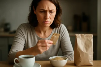Žena sa zamyslene pozerá na obal sladidla pri rannej káve.