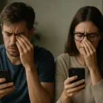 Muž a žena trpiaci digitálnou únavou očí pri používání mobilných telefónov.