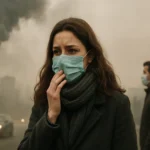 Žena v maske na pozadí znečisteného ovzdušia a priemyselných výparov.