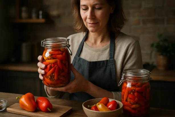 Žena drži pohár nakladaných jablčných paprík v kuchyni.