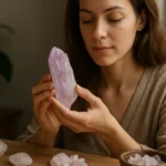 Žena drží ružový kunzitový kryštál, obklopená ďalšími minerálmi.