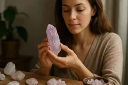 Žena drží ružový kunzitový kryštál, obklopená ďalšími minerálmi.