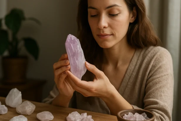 Žena drží ružový kunzitový kryštál, obklopená ďalšími minerálmi.