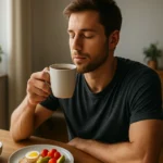 Muž vychutnávajúci si rannú kávu s raňajkami na stole