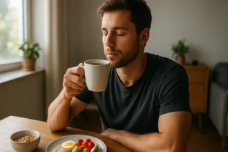 Muž vychutnávajúci si rannú kávu s raňajkami na stole