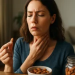 Žena drží mandľu a ukazuje na svoj krk.