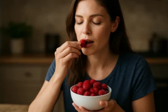 Žena vychutnávajúca si maliny z bielej misky v kuchyni
