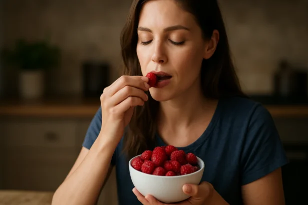 Žena vychutnávajúca si maliny z bielej misky v kuchyni