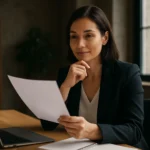 Žena v obleku prezerajúca dokumenty pri stole s notebookom.