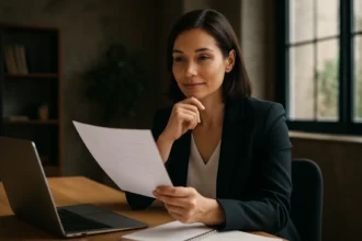 Žena v obleku prezerajúca dokumenty pri stole s notebookom.