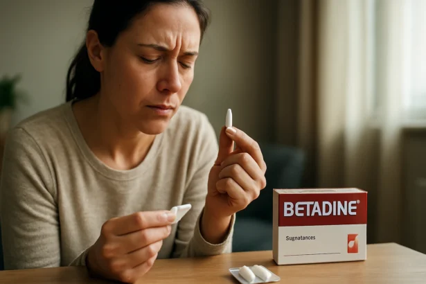 Žena skúma Betadine čapíky, symbol antiseptických účinkov.